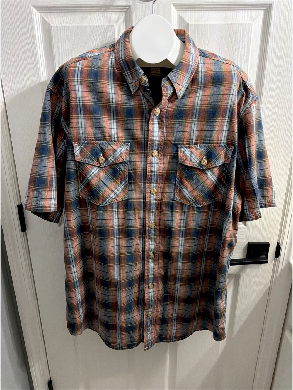 Duluth Trading Shirt Mens XL Tall Blue Orange Button Short Sleeve Casual Cotton